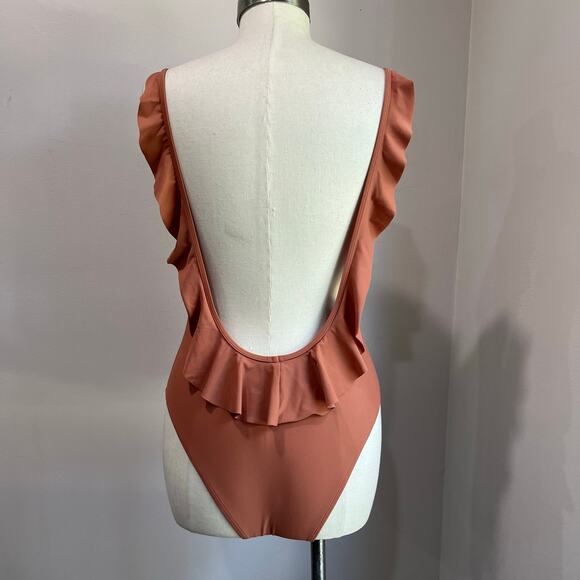 Aerie Ruffle Low Back One Piece Tan Terracotta One Piece Bathing Suit Size L - Picture 3 of 9
